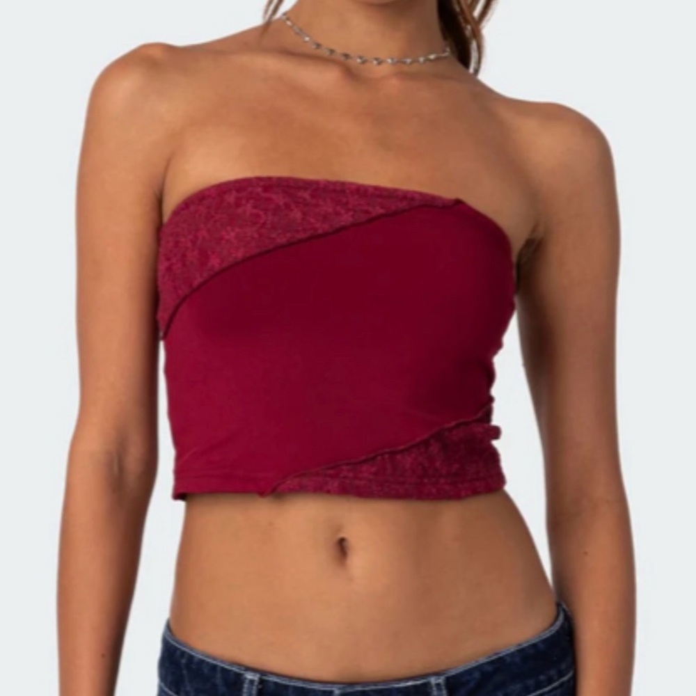 Edikted Patchwork Lace Trim Tube Top XS Burgundy Red